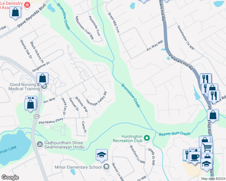 map of restaurants, bars, coffee shops, grocery stores, and more near 1102 Overland Hill Trce in Norcross