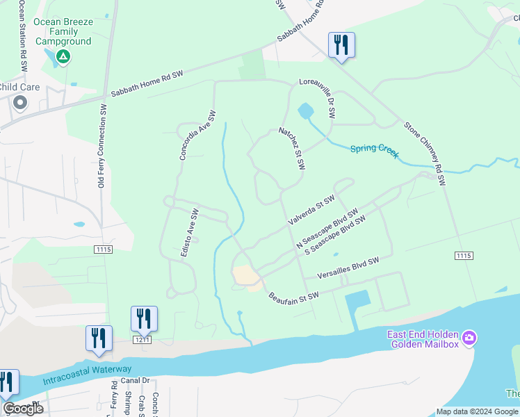 map of restaurants, bars, coffee shops, grocery stores, and more near 3572 Natchez Street Southwest in Brunswick County