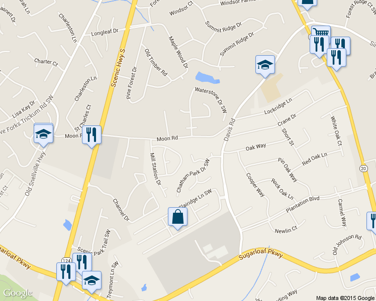 map of restaurants, bars, coffee shops, grocery stores, and more near 672 Bostonian Way Southwest in Lawrenceville