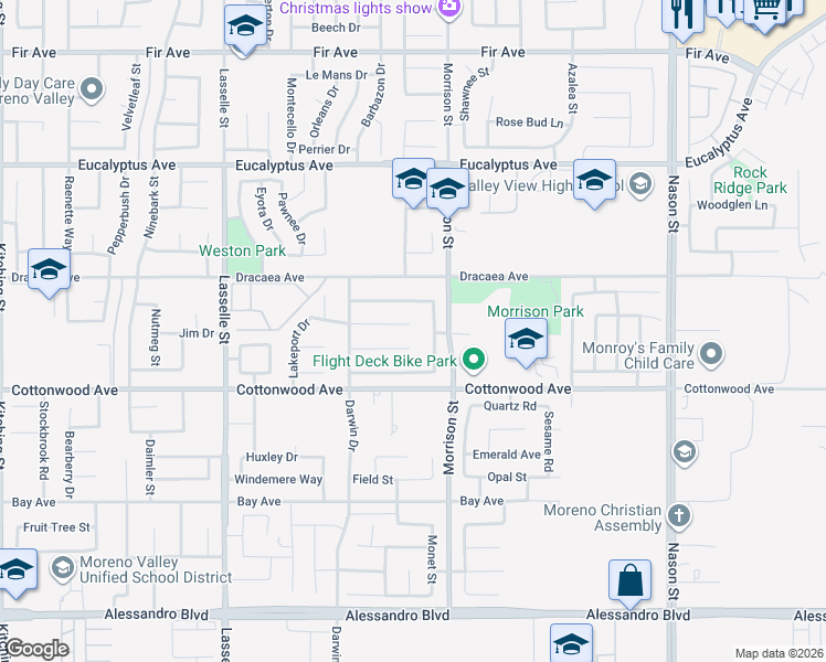 map of restaurants, bars, coffee shops, grocery stores, and more near 26419 Capay Bay Court in Moreno Valley