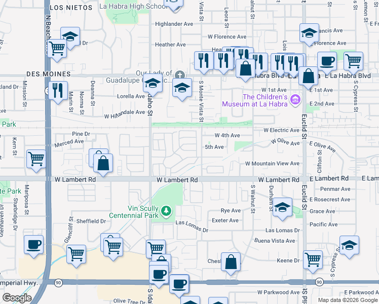 map of restaurants, bars, coffee shops, grocery stores, and more near 1001 East Lambert Road in La Habra