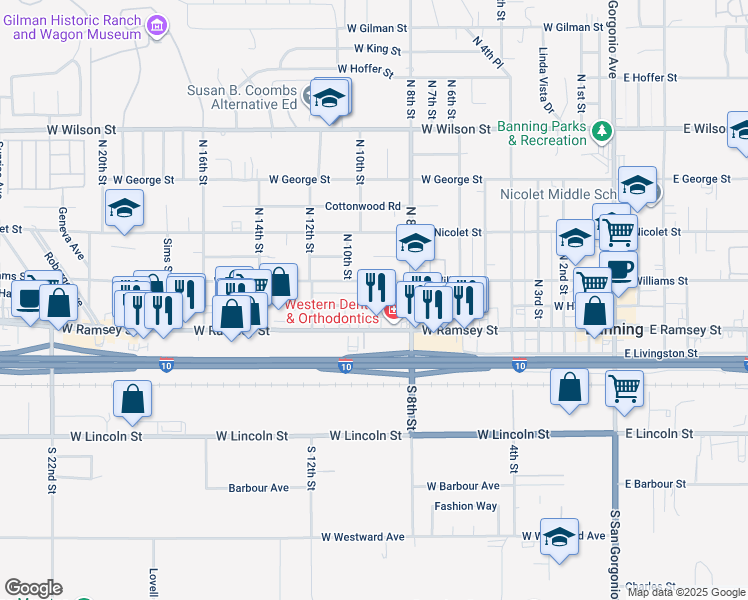 map of restaurants, bars, coffee shops, grocery stores, and more near 947 West Hays Street in Banning