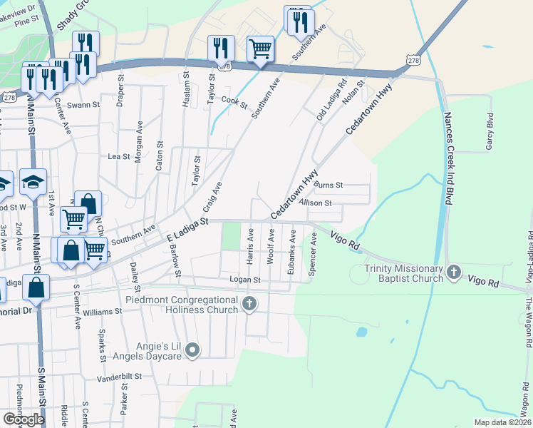 map of restaurants, bars, coffee shops, grocery stores, and more near 197 Harris Avenue North in Piedmont