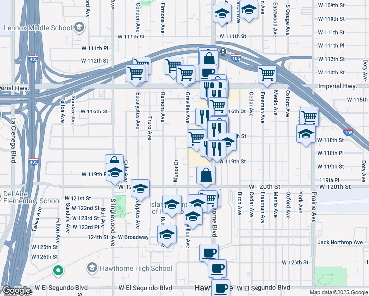 map of restaurants, bars, coffee shops, grocery stores, and more near 11845 Grevillea Avenue in Hawthorne
