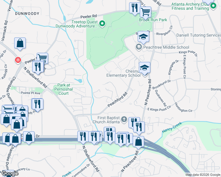 map of restaurants, bars, coffee shops, grocery stores, and more near 909 Dunbar Drive in Dunwoody