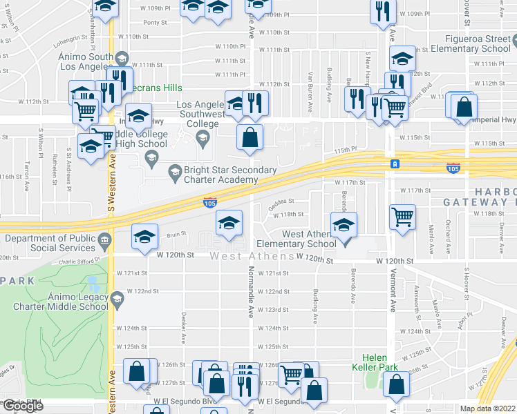 map of restaurants, bars, coffee shops, grocery stores, and more near 11700 Normandie Avenue in Los Angeles