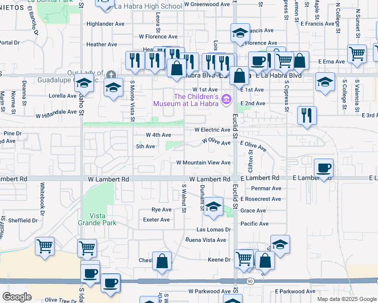 map of restaurants, bars, coffee shops, grocery stores, and more near 414 West Olive Avenue in La Habra