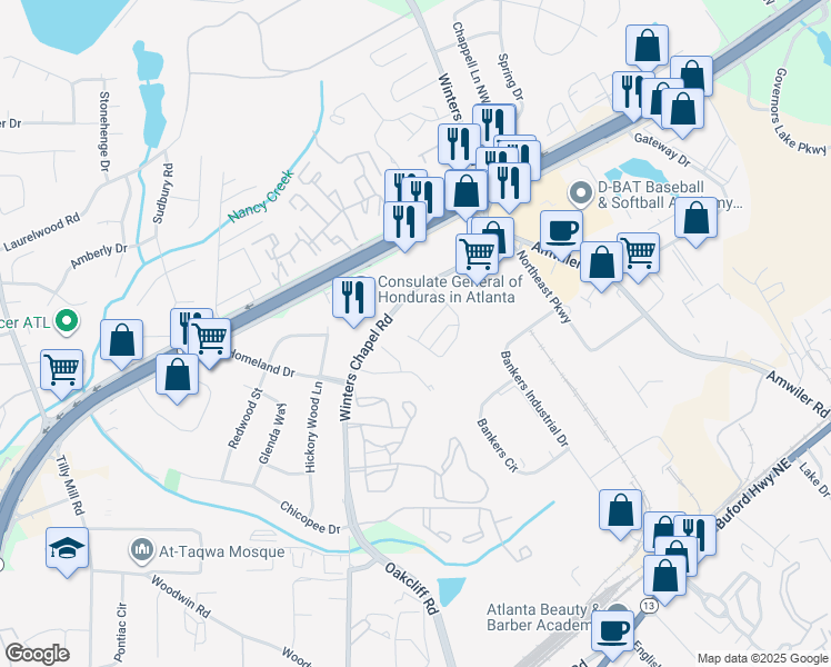 map of restaurants, bars, coffee shops, grocery stores, and more near 4539 Winters Chapel Road in Atlanta