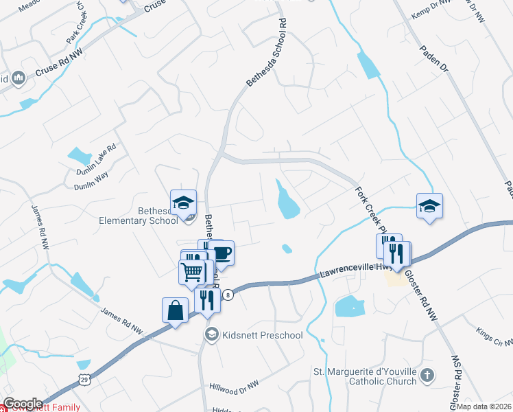 map of restaurants, bars, coffee shops, grocery stores, and more near 2836 Saddletop Way Northwest in Lawrenceville