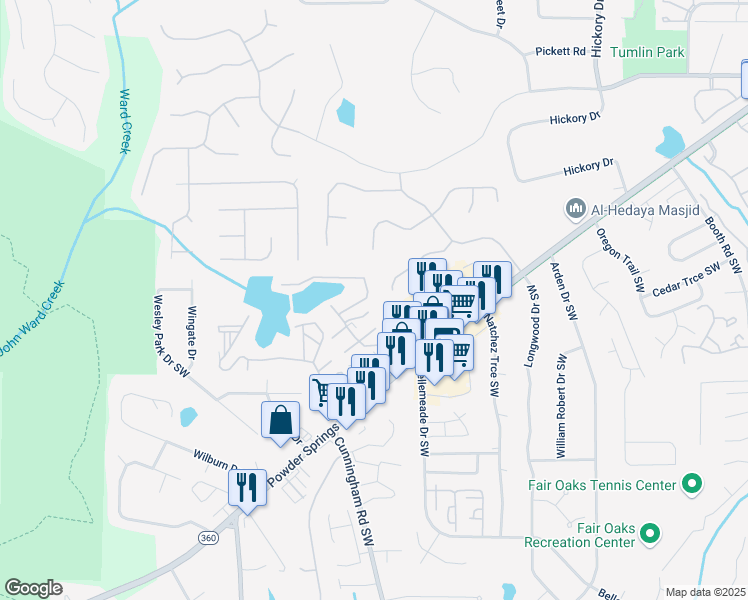 map of restaurants, bars, coffee shops, grocery stores, and more near 759 Reeves Lake Drive Southwest in Marietta