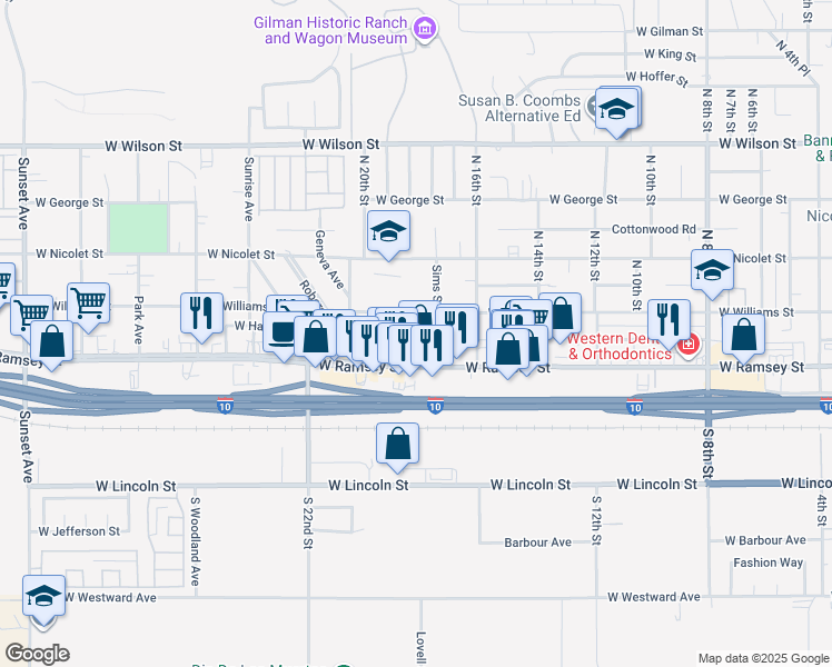map of restaurants, bars, coffee shops, grocery stores, and more near 1820 West Williams Street in Banning