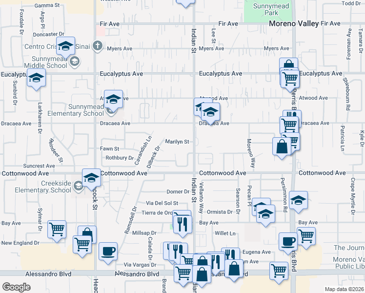 map of restaurants, bars, coffee shops, grocery stores, and more near 24480 Marilyn Street in Moreno Valley