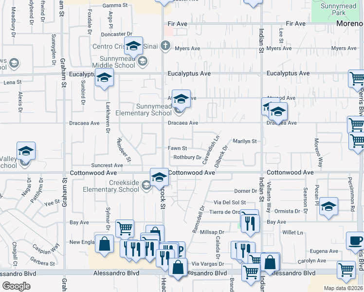 map of restaurants, bars, coffee shops, grocery stores, and more near 13311 Helmsdale Street in Moreno Valley