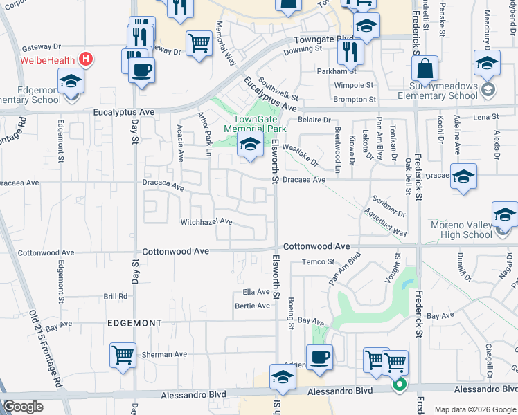 map of restaurants, bars, coffee shops, grocery stores, and more near 13341 Sassafras Street in Moreno Valley