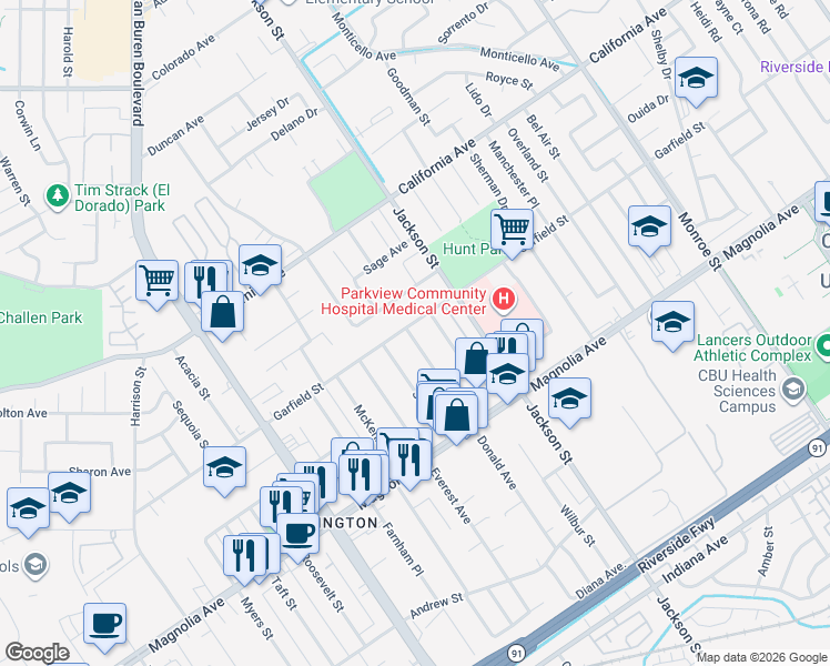 map of restaurants, bars, coffee shops, grocery stores, and more near 9205 Garfield Street in Riverside