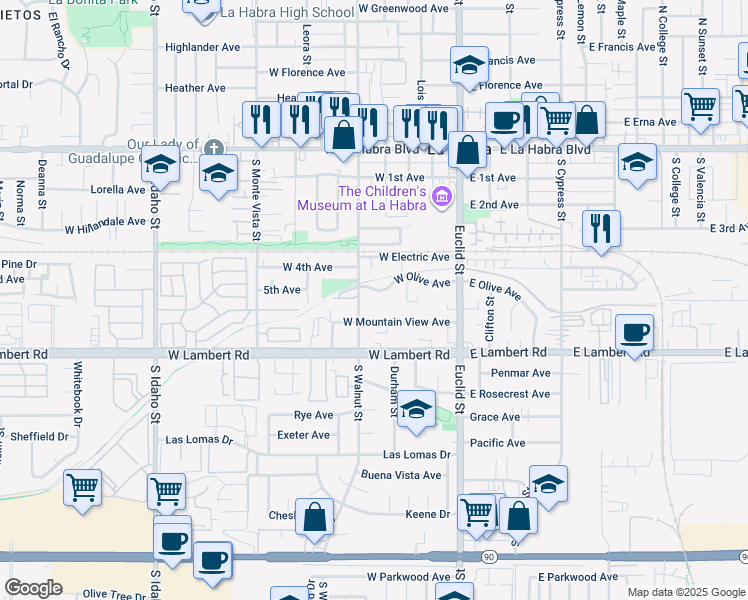 map of restaurants, bars, coffee shops, grocery stores, and more near 405 West Olive Avenue in La Habra