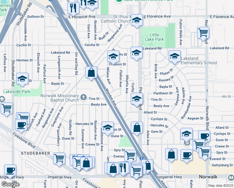 map of restaurants, bars, coffee shops, grocery stores, and more near 11646 Bayla Street in Norwalk