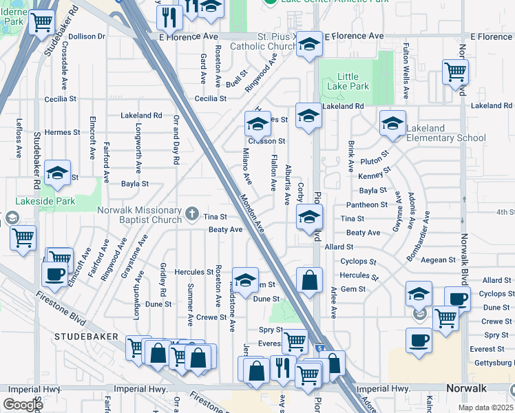 map of restaurants, bars, coffee shops, grocery stores, and more near 11434 Mondon Avenue in Norwalk