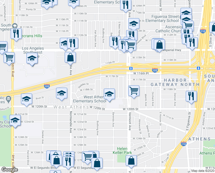 map of restaurants, bars, coffee shops, grocery stores, and more near 11726 Berendo Avenue in Los Angeles