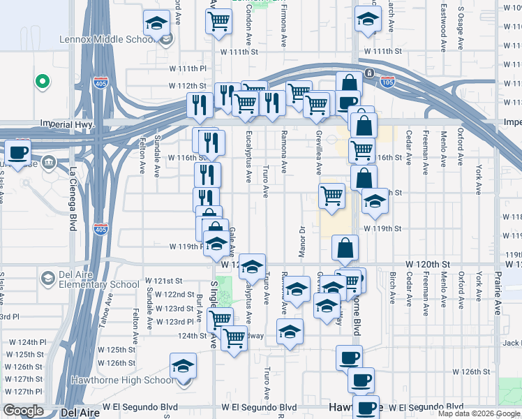 map of restaurants, bars, coffee shops, grocery stores, and more near 4690 West 118th Street in Hawthorne
