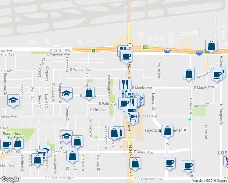 map of restaurants, bars, coffee shops, grocery stores, and more near 1633 East Maple Avenue in El Segundo