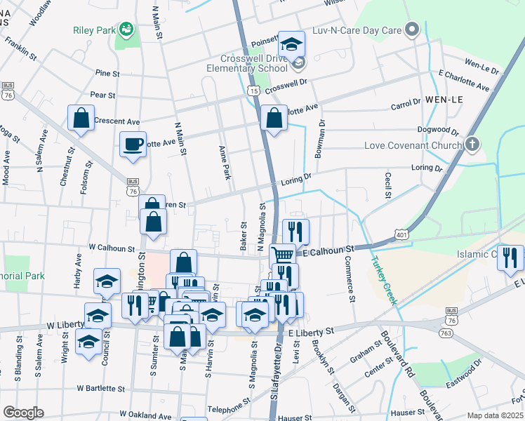 map of restaurants, bars, coffee shops, grocery stores, and more near 352 North Magnolia Street in Sumter
