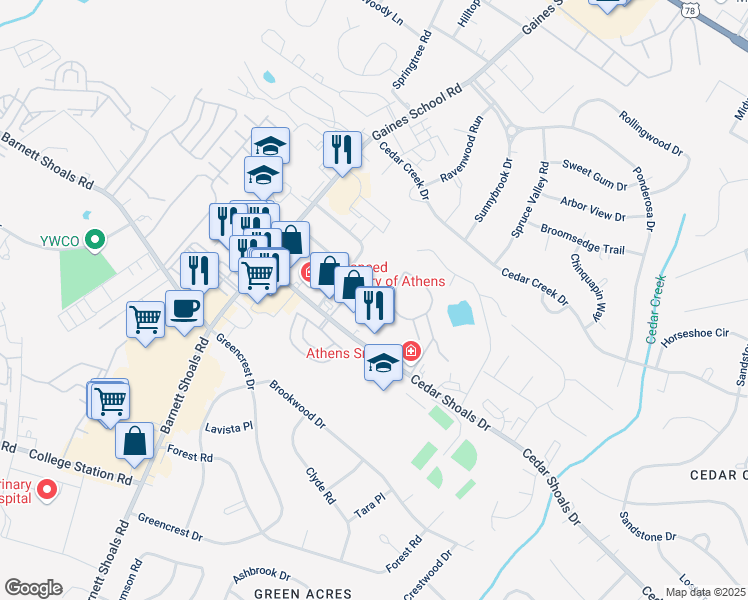 map of restaurants, bars, coffee shops, grocery stores, and more near 1197 Cedar Shoals Drive in Athens