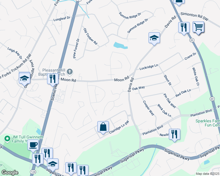 map of restaurants, bars, coffee shops, grocery stores, and more near 672 Bostonian Way Southwest in Lawrenceville