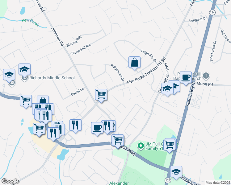 map of restaurants, bars, coffee shops, grocery stores, and more near 1113 Townsquare Court in Lawrenceville
