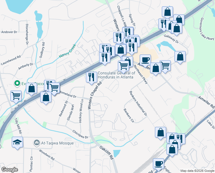 map of restaurants, bars, coffee shops, grocery stores, and more near 4539 Winters Chapel Road in Atlanta