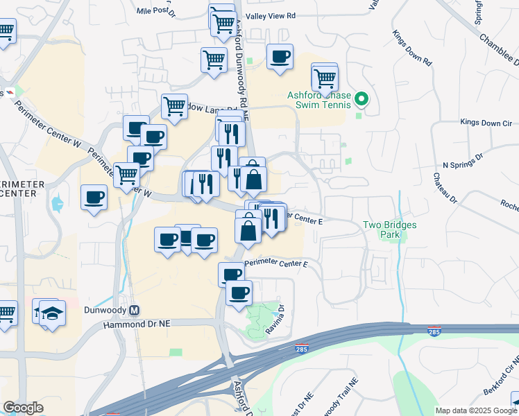 map of restaurants, bars, coffee shops, grocery stores, and more near 4 Perimeter Center East in Atlanta