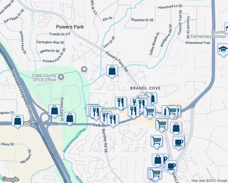 map of restaurants, bars, coffee shops, grocery stores, and more near 2522 Magnolia Ridge Drive in Marietta