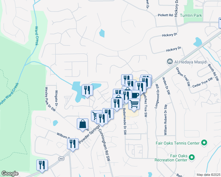 map of restaurants, bars, coffee shops, grocery stores, and more near 759 Reeves Lake Drive Southwest in Marietta