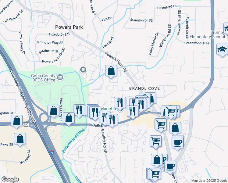 map of restaurants, bars, coffee shops, grocery stores, and more near 2522 Magnolia Ridge Drive in Marietta