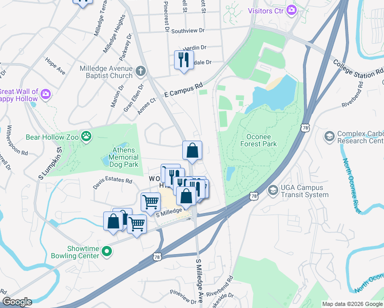 map of restaurants, bars, coffee shops, grocery stores, and more near 1909 South Milledge Avenue in Athens