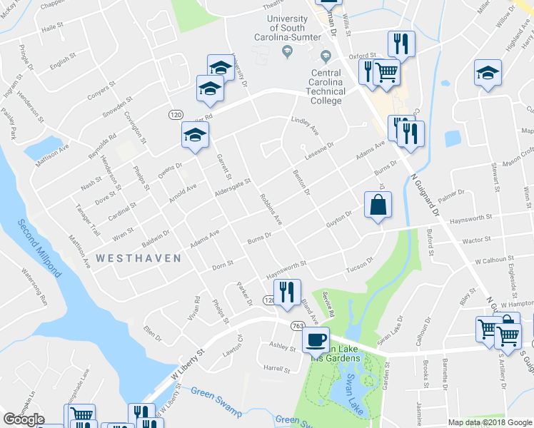 map of restaurants, bars, coffee shops, grocery stores, and more near 302 Adams Avenue in Sumter