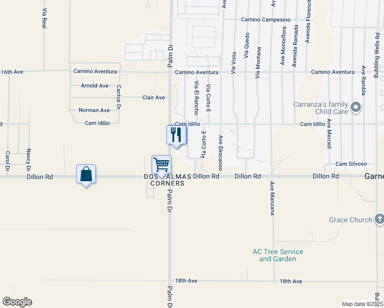 map of restaurants, bars, coffee shops, grocery stores, and more near 16830 West Vía Corto in Desert Hot Springs