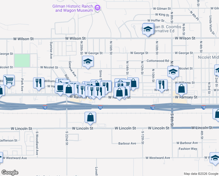 map of restaurants, bars, coffee shops, grocery stores, and more near 1619 West Hays Street in Banning