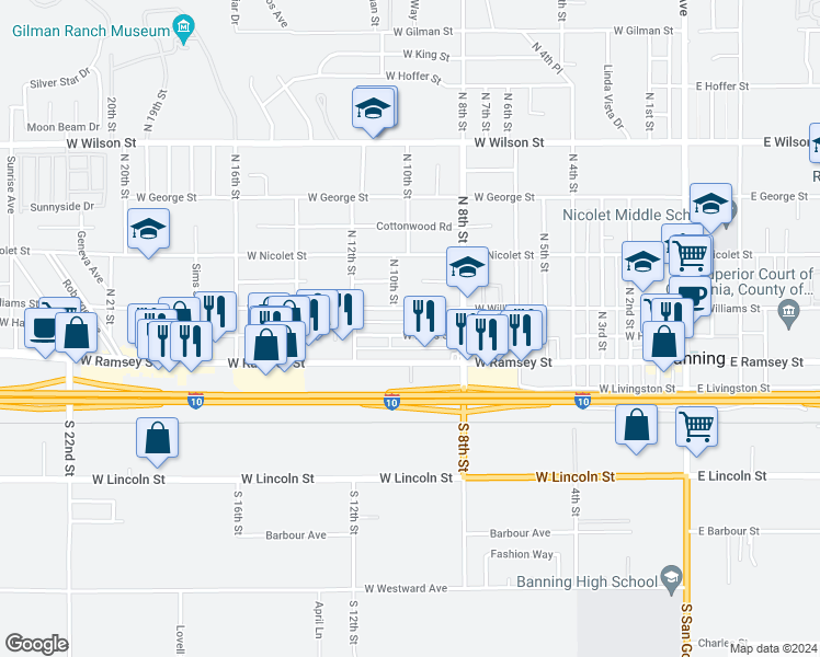 map of restaurants, bars, coffee shops, grocery stores, and more near 993 West Hays Street in Banning