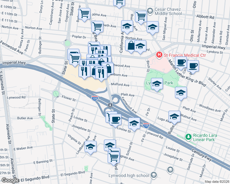map of restaurants, bars, coffee shops, grocery stores, and more near 3309 Platt Avenue in Lynwood