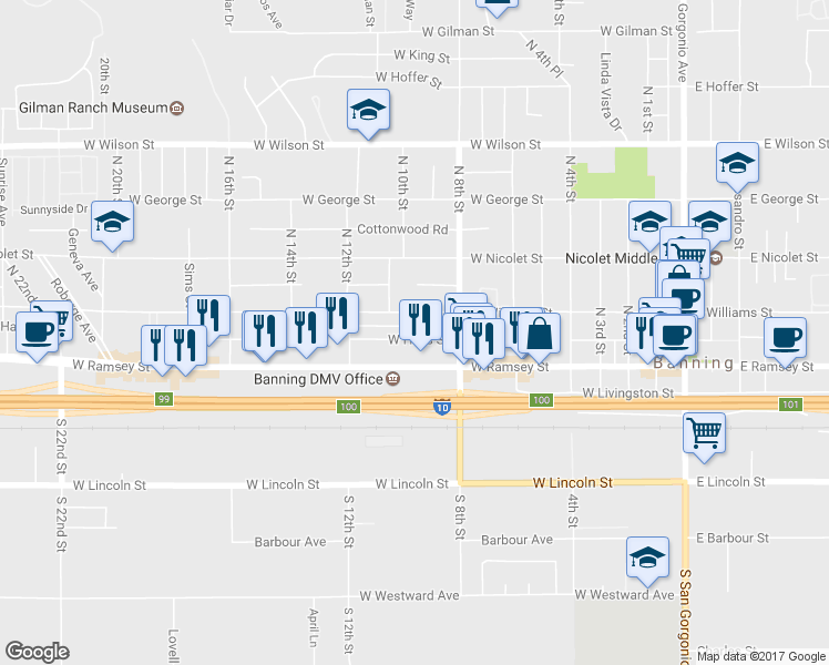 map of restaurants, bars, coffee shops, grocery stores, and more near 955 West Hays Street in Banning
