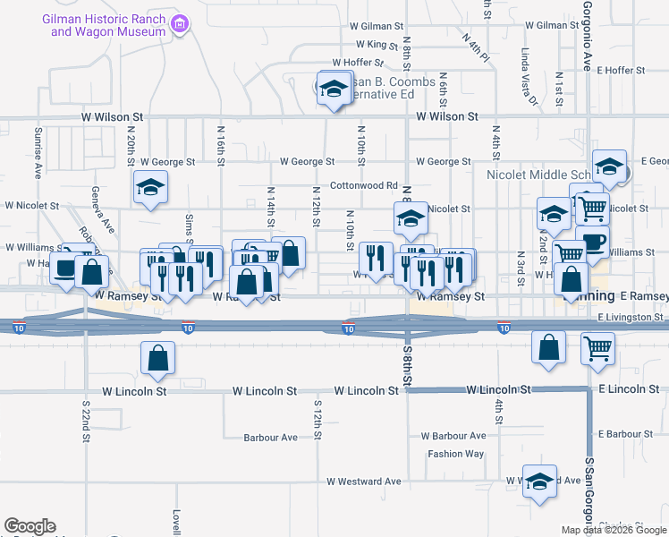 map of restaurants, bars, coffee shops, grocery stores, and more near 1117 West Hays Street in Banning