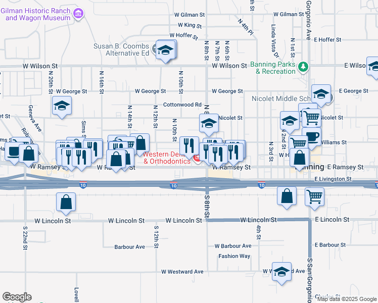 map of restaurants, bars, coffee shops, grocery stores, and more near 947 West Hays Street in Banning