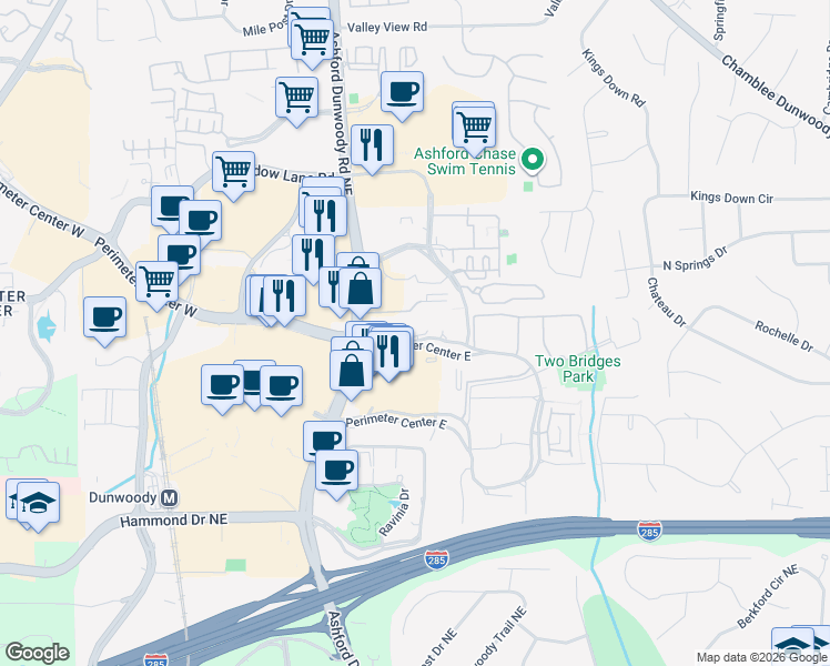 map of restaurants, bars, coffee shops, grocery stores, and more near 8 Perimeter Center East in Atlanta