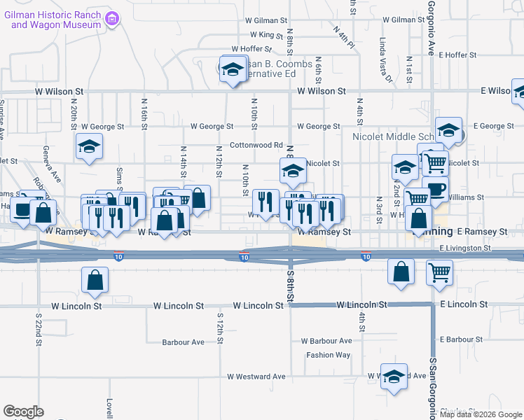 map of restaurants, bars, coffee shops, grocery stores, and more near 955 West Hays Street in Banning