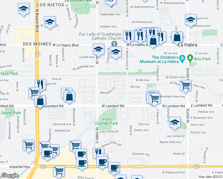 map of restaurants, bars, coffee shops, grocery stores, and more near 1000 West Lambert Road in La Habra