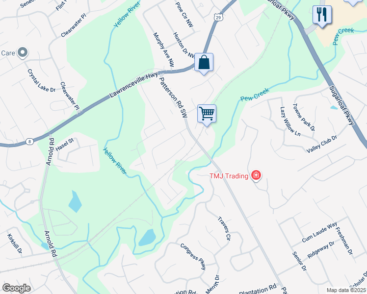 map of restaurants, bars, coffee shops, grocery stores, and more near 1902 Patterson Circle in Lawrenceville