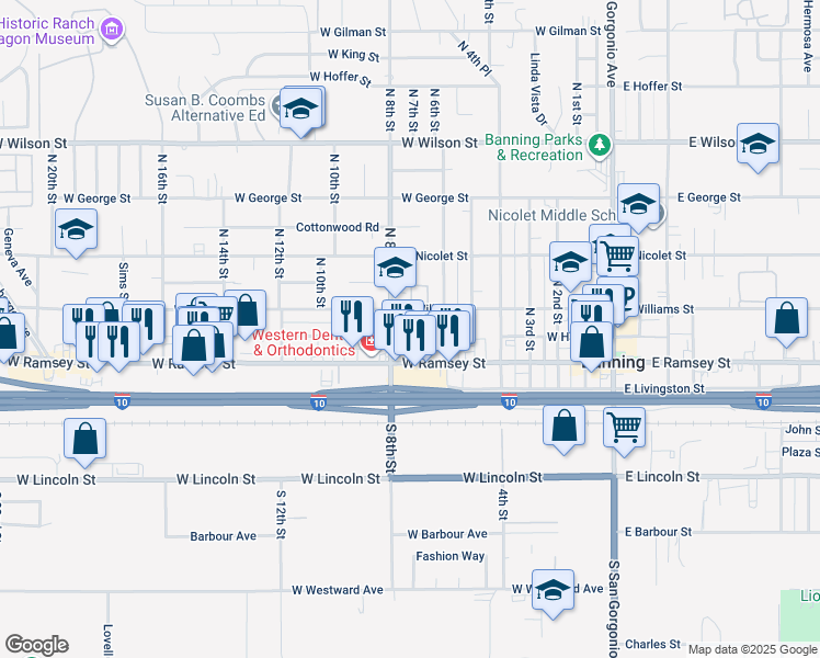 map of restaurants, bars, coffee shops, grocery stores, and more near 131 North 7th Street in Banning
