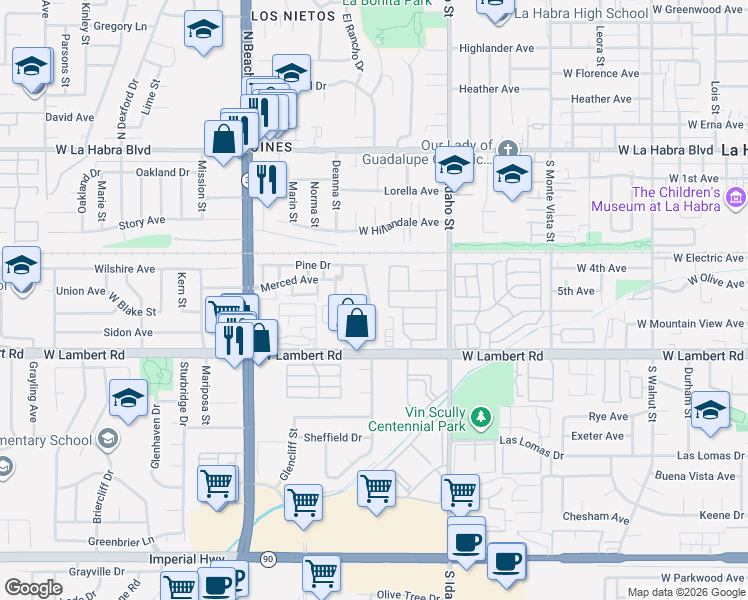 map of restaurants, bars, coffee shops, grocery stores, and more near 640 Juniper Way in La Habra