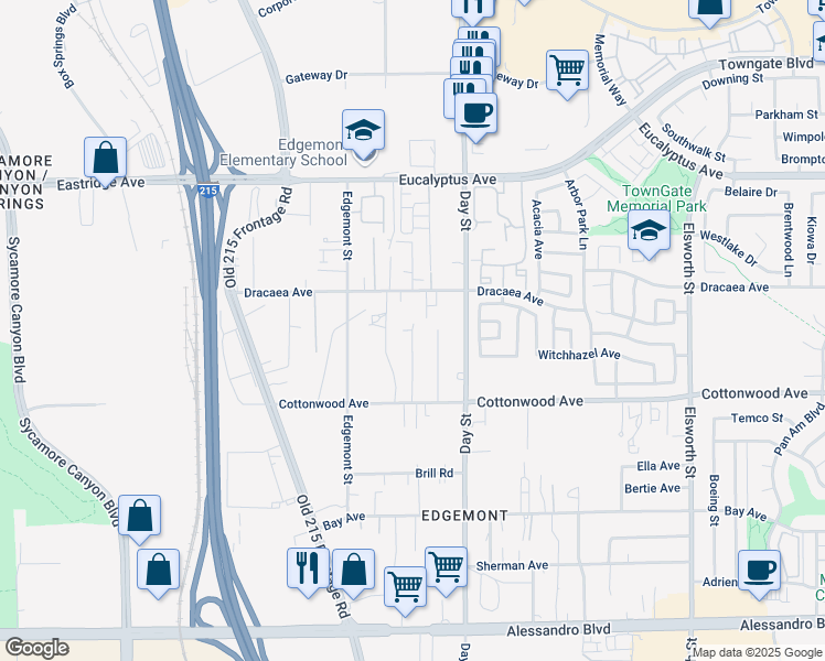 map of restaurants, bars, coffee shops, grocery stores, and more near Barbara Street in Moreno Valley